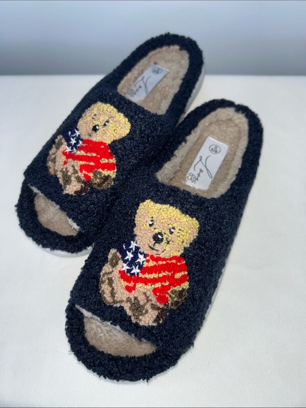 Love 83 Navy Blue Teddy Bear Slip-On Slippers with American Flag Sweater S 5/6